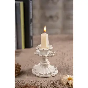 White Candle Stick Holder , Flower Candlestick Holder, 3 Inch  Taper Candle Holder Small, Short Rustic Candle Centerpieces for Tables, Wedding, Dining, Party