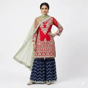 Gharara Suit in 3 Colors Combination for Women Clothes Womenswear Original Design with Intricate Embroidery and Fringe Details