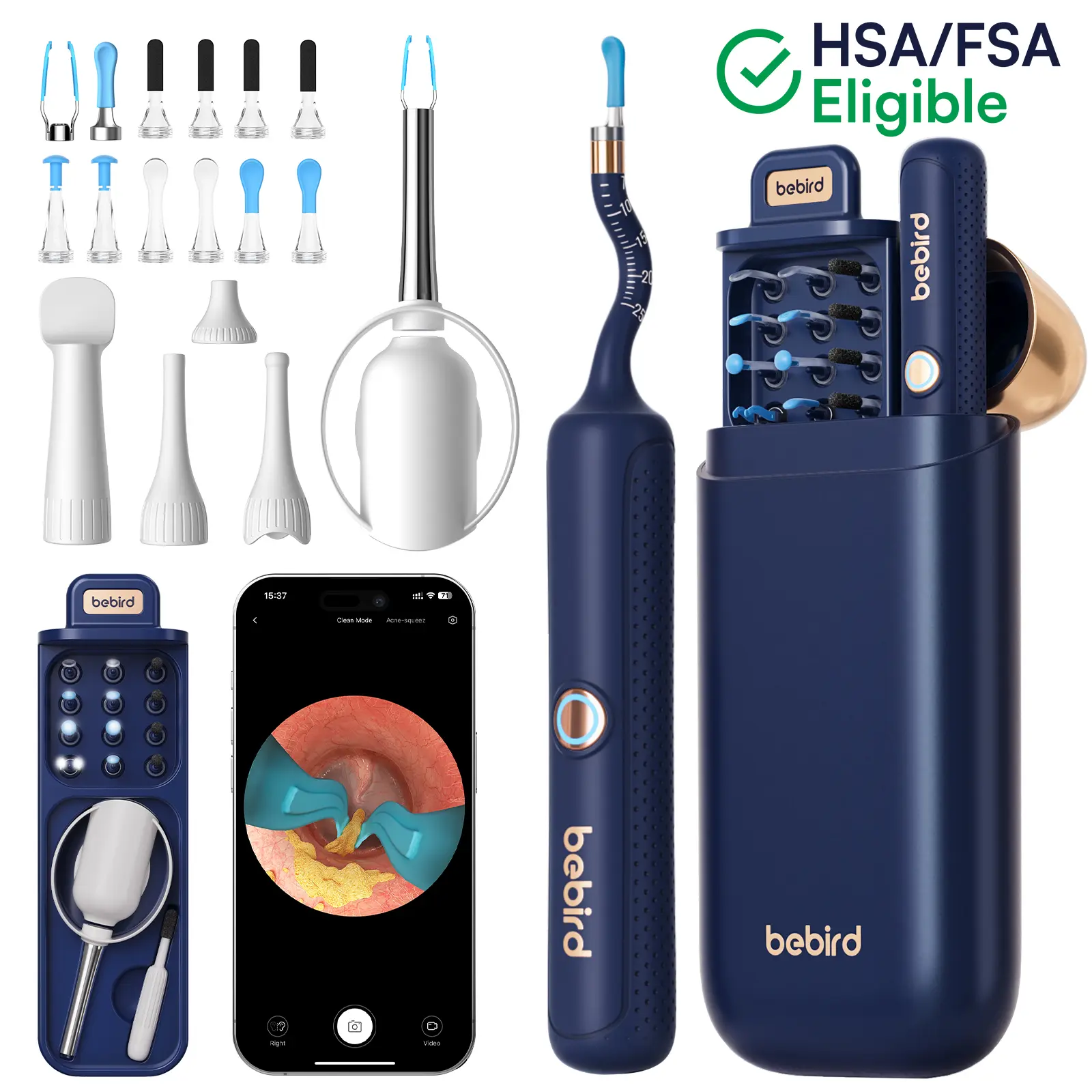 Bebird Smart Ear Cleaning Tool with Camera,HSA/FSA Eligible,1 Box Ear Wax Removal Tool with 12pcs Tip, Portable Ear Wax Cleaner, Ear Wax Cleaning, Ear Waxing Cleaning, Rechargeable Ear Wax Removal Kit, Wifi Visual Ear Picker,Wide-angle Ear Cleaner Tool