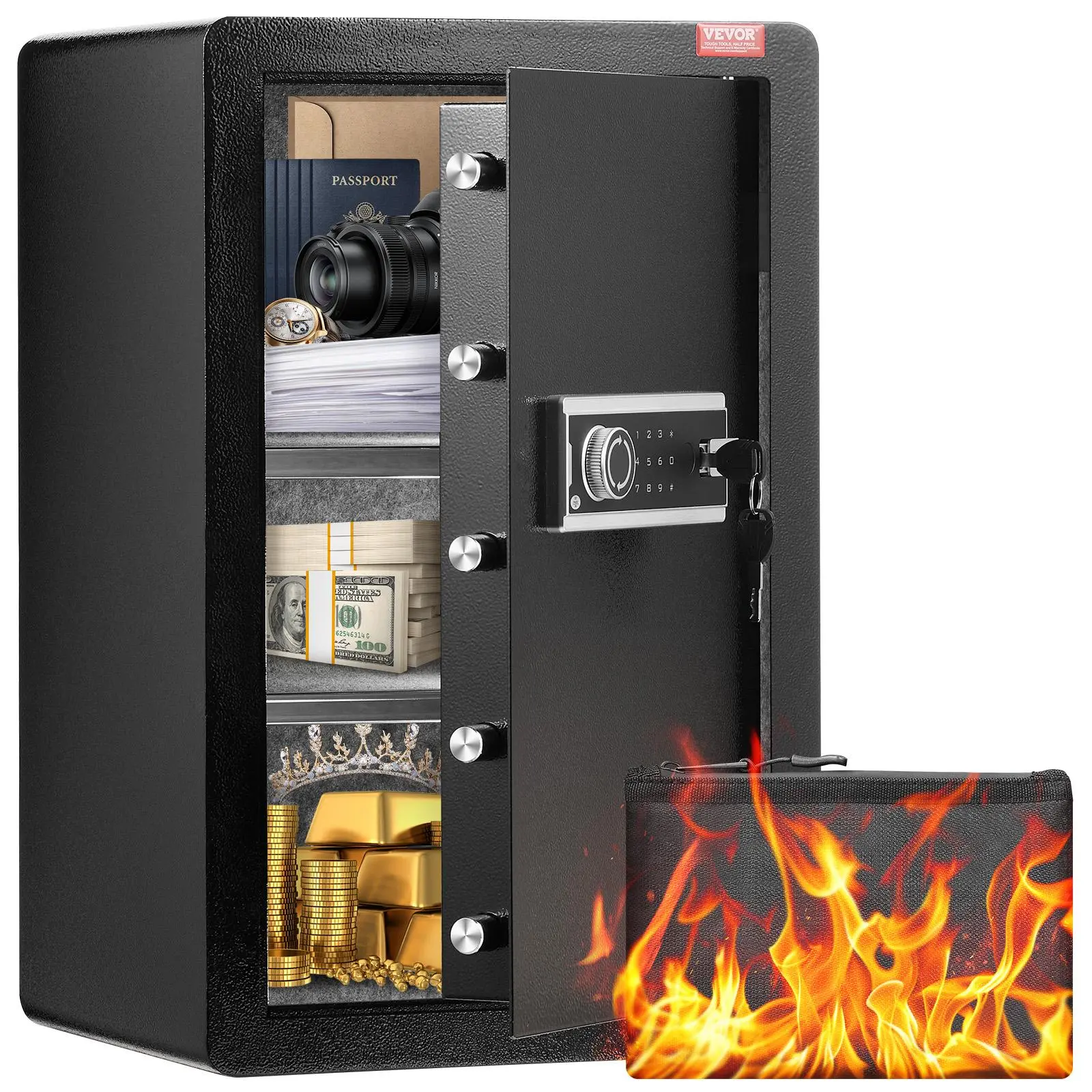 【summerfinds】VEVOR Single Door 3.5 cu.ft Safe Box with Key Lock & Password, Safe Lock Box with Fireproof Bag, Key Rack, LED Light, and 2 Shelves for Money, Documents, Jewelry, and Valuables, Black, Home Security Safe, Anti Theft Safes