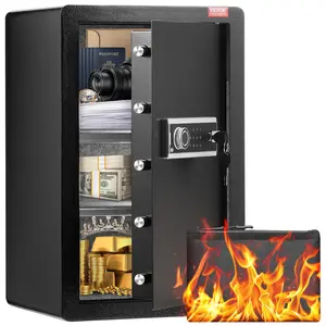【Summervibes】VEVOR Single Door 3.5 cu.ft Safe Box with Key Lock & Password, Safe Lock Box with Fireproof Bag, Key Rack, LED Light, and 2 Shelves for Money, Documents, Jewelry, and Valuables, Black
