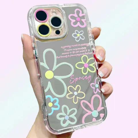 Mirror Flower Phone Case with Rainbow Cute Colorful Design, Lens Frame, Aesthetic Protection, Customized Summervibe Cover for iPhone 17 16 15 14 13 12 Pro Max Mobile Phone Accessories, Casing, 3-Month