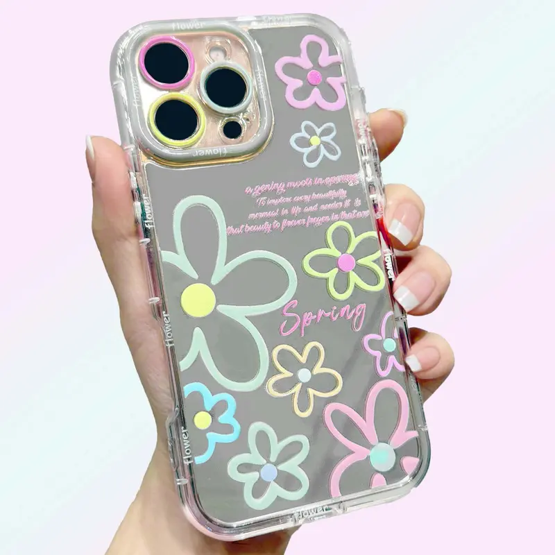 Mirror Flower Phone Case with Rainbow Cute Colorful Design, Lens Frame, Aesthetic Protection, Customized Summervibe Cover for iPhone 17 16 15 14 13 12 Pro Max Mobile Phone Accessories, Casing, 3-Month