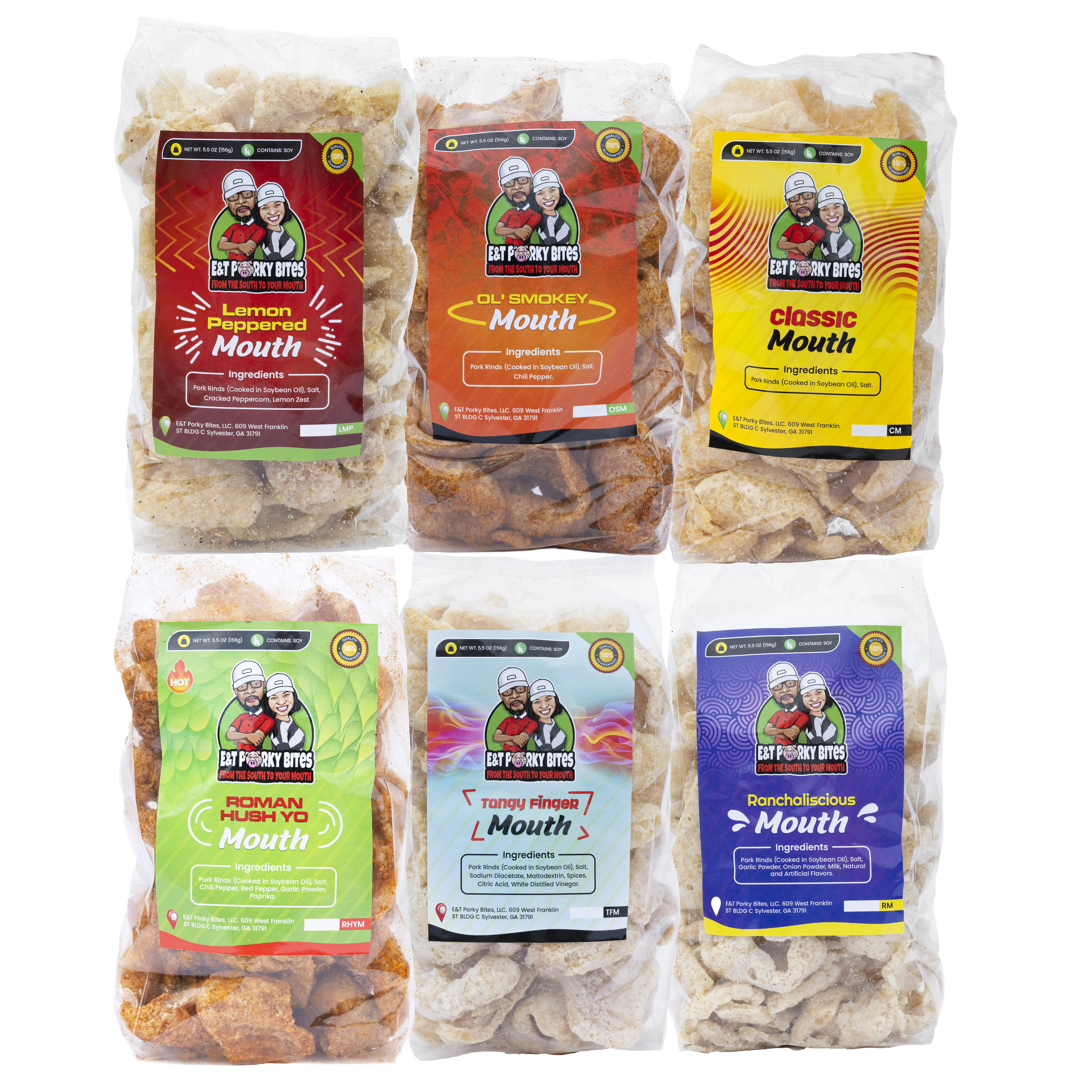 E&T Porky Bites Sylvester Mouth Pack 6 CT Chips Variety Pack - 3.5oz Crisps Puffed Snacks Bags, Bold Flavors, Gluten Free, High in Fiber, Crunchy Flavorful Ready to Eat Snacks for Parties & On-The-Go