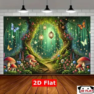 2D Flat Banner 1pc, Enchanted Forest Banner -   Backdrop Magical Glow - in - - Dark Effect, Vibrant Mushroom & Butterfly Design Parties, Home, Garden, Studio & Outdoor Celebrations, Party Backdrop | Ench