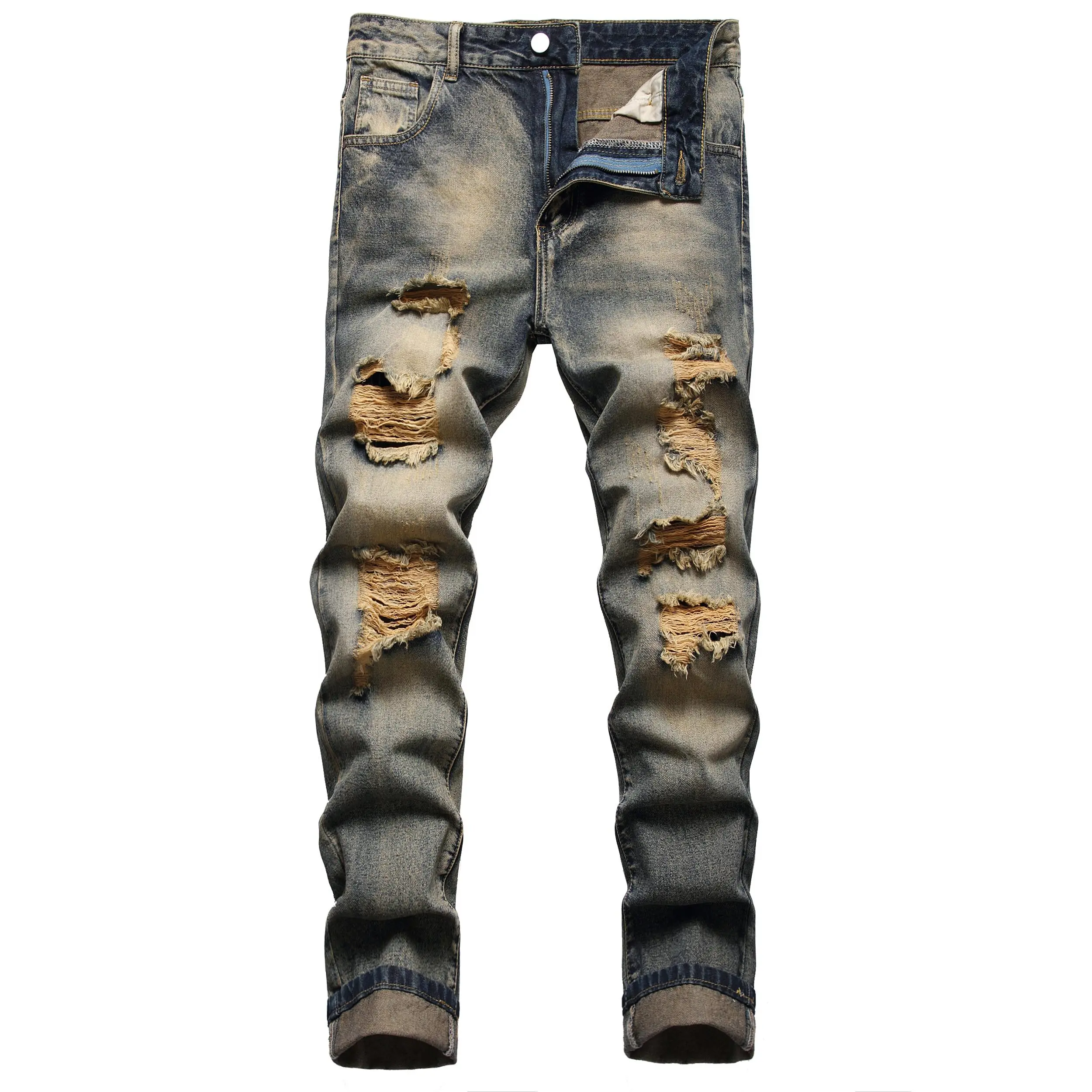 MXCVYCC Men's Ripped Slim Fit Straight Leg Brown Stretch Denim Jeans - Mid Waist, Normal Type, Stylish Distressed Plain Comfort Flex, Men’s Clothes, Streetwear, Father's Day Gift, Casual, Machine Washable, Pockets, All-Season
