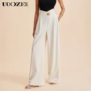 UOOZEE Women's High-Waisted Wide Leg Pants - Comfortable Polyester Breathable Minimalist Womenswear, White Pleated Pockets, Big Button Office-Casual Trousers (Sizing Runs Small - Check Size Guide or Order Larger)