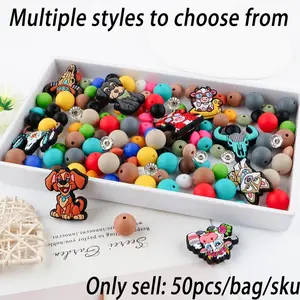 Cartoon Animal Design Silicone Bead, 50pcs/box Round Silicone Bead, DIY Jewelry Making Accessories for Keychain, Pen, Bracelet, Necklace, DIY Galaxy Beads, Beading Accessories, Bead Set