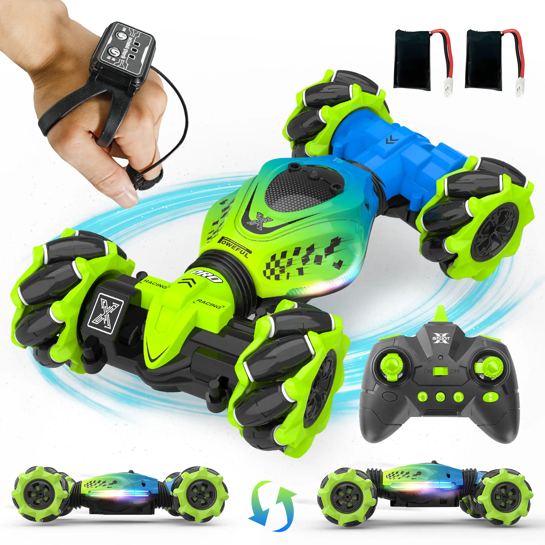 HOSHI Unisex Gesture Sensing Hand-Controlled RC Stunt Car, RC Hobby Toy with Lights, Music, 2 Rechargeable Modular Batteries, Cool Birthday Gift for Kids Ages 7,9,10,11,12