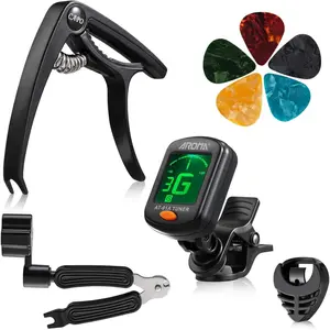Guitar Accessories Set: 9- Tool Kit with Capo, Tuner, String Winder, Picks, Pick Holder for Acoustic & Electric Guitar Players