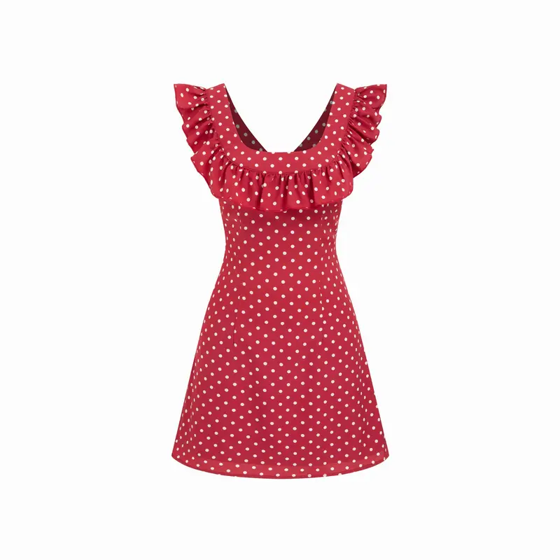 strapless open back dress Polka Dot Printed Rayon Girls Dress with Bow - Red main image 0