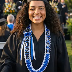Class of 2026 Graduation Lei, Double Braided Ribbon Necklace with Grad Letters & Cap Patch Party Accessory