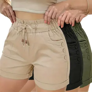 Women's High-Waisted 100% Polyester Shorts (Set of 3) - Smooth Minimalist Garment, Pouch Waist Drawstring, Side Button Decoration, Casual Rolled Hem, Summer Ice-Feel Satin, Slimming Loose Fit Versatile Straight Hot Pants
