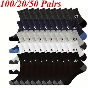 100/20/50 pairs of women's men's mid calf sports socks - breathable and sweat absorbing, elastic ribbed cuffs, multi-color packaging, suitable for sports and casual wearRAIMENTRY