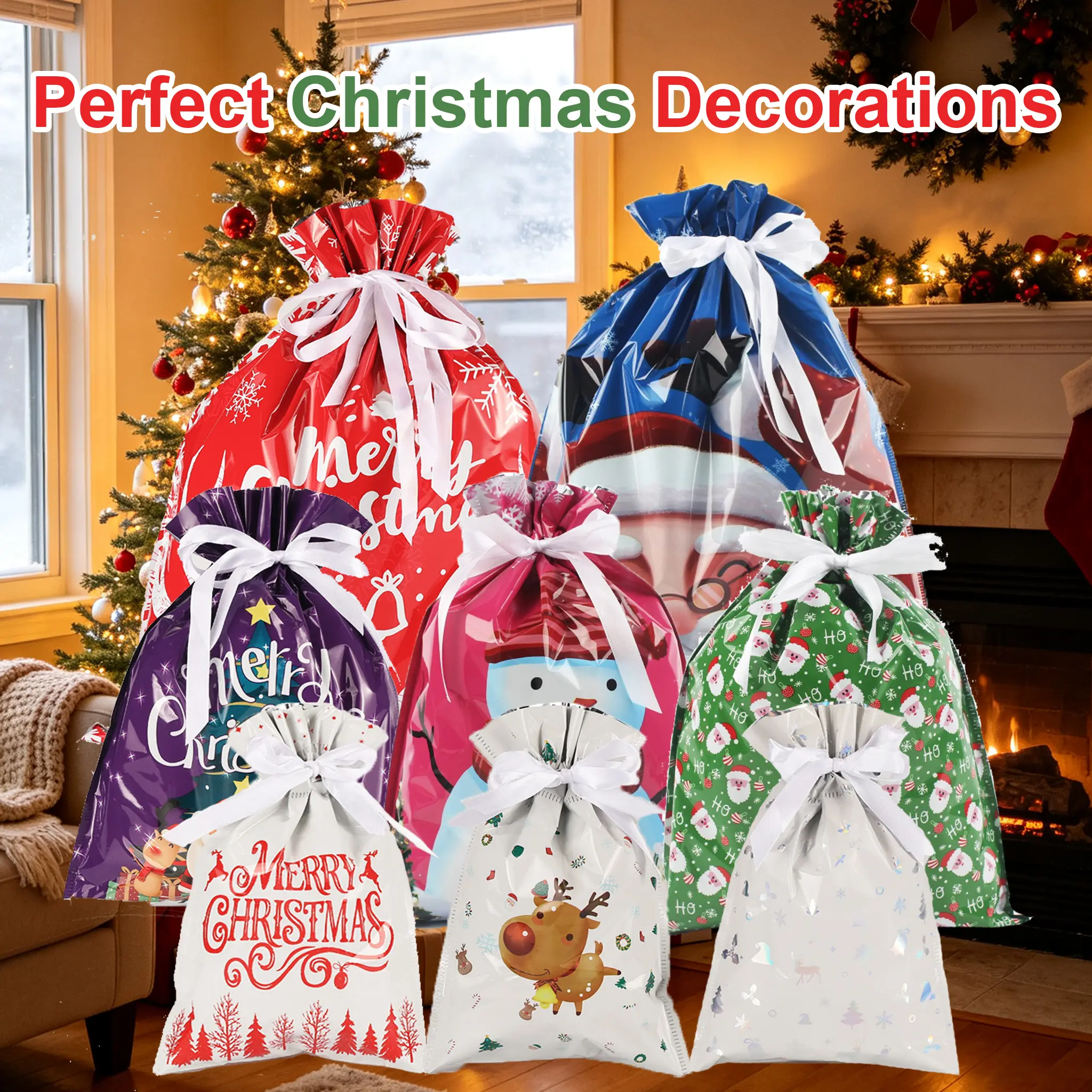 24PCS Christmas Drawstring Gift Bags Assorted Size Small Medium Large | Colorful Drawstring-Shiny Aluminum Foil Reusable Material-For Holiday Xmas Presents Wrapping with Tags-For Christmas Decor
