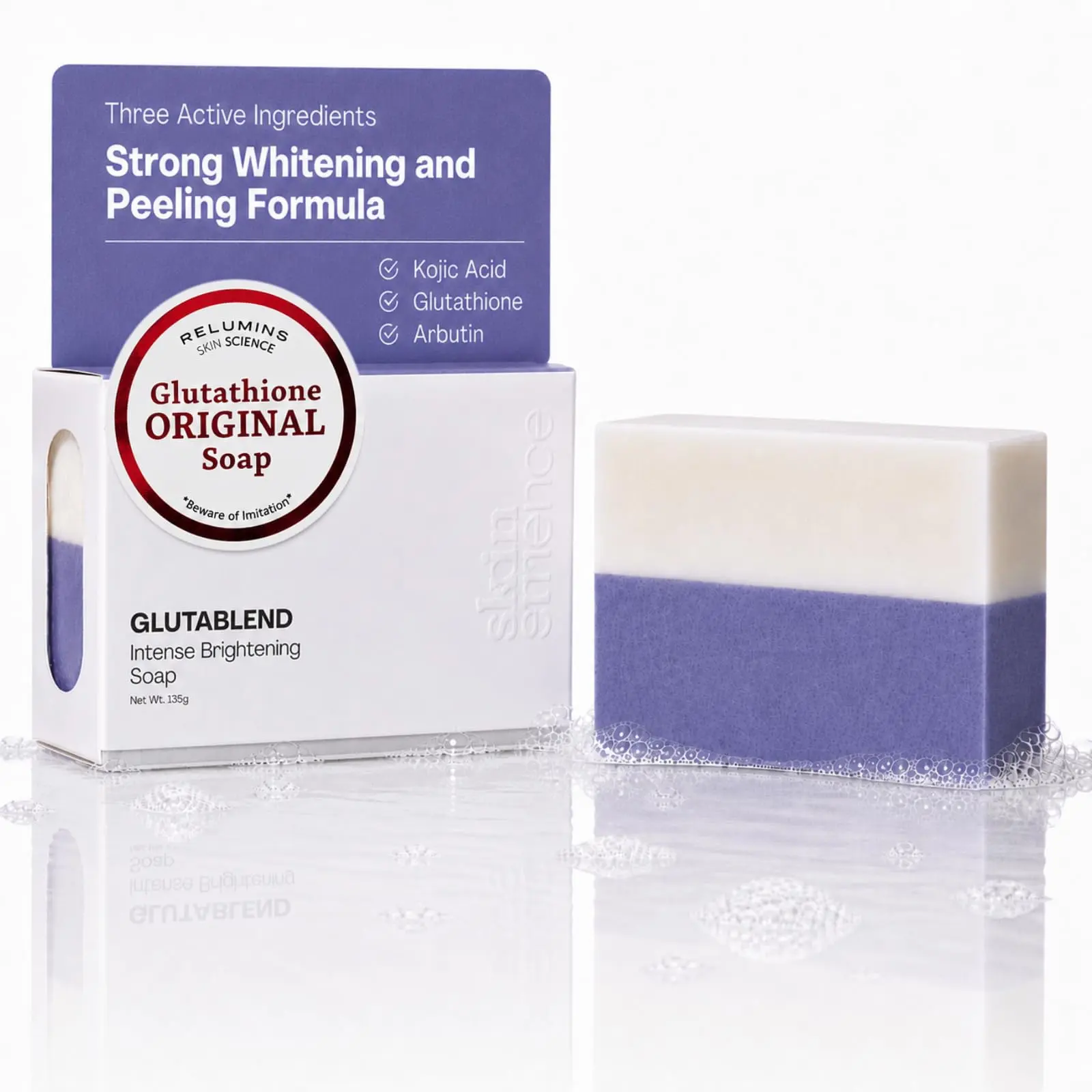 Relumins Premium 3-in-1 Glutablend Exfoliating Peeling Soap Bar, Skin Whitening and Dark Spot Corrector, Anti-Aging Beauty Soap with Kojic Acid, Arbutin, and Glutathione – 135g