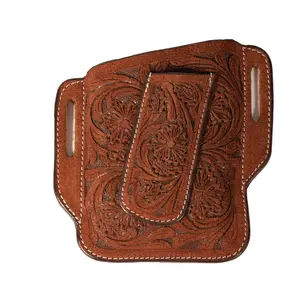 Professional's Choice Antique Floral Tooled Leather Cell Phone and Knife Holder - Dual Belt Holster - 6.75" x 3.25"