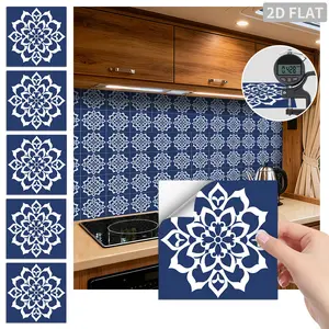 24PCS/Box FHZ Classic Art Tile Navy Blue & White Mandala Pattern PET Matte Peel and Stick Backsplash, Self Adhesive Removable Waterproof Oil-Proof Wall Sticker