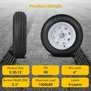 【GARVEE】Trailer Tires Set with 5 Lug on 4.5", 12" Rims, Load Range C, 6PR – Sizes 2x 4.80-12 and 5.30-12, Suitable for Highway, Boat, Motorcycle, and 12" Rim Trailers