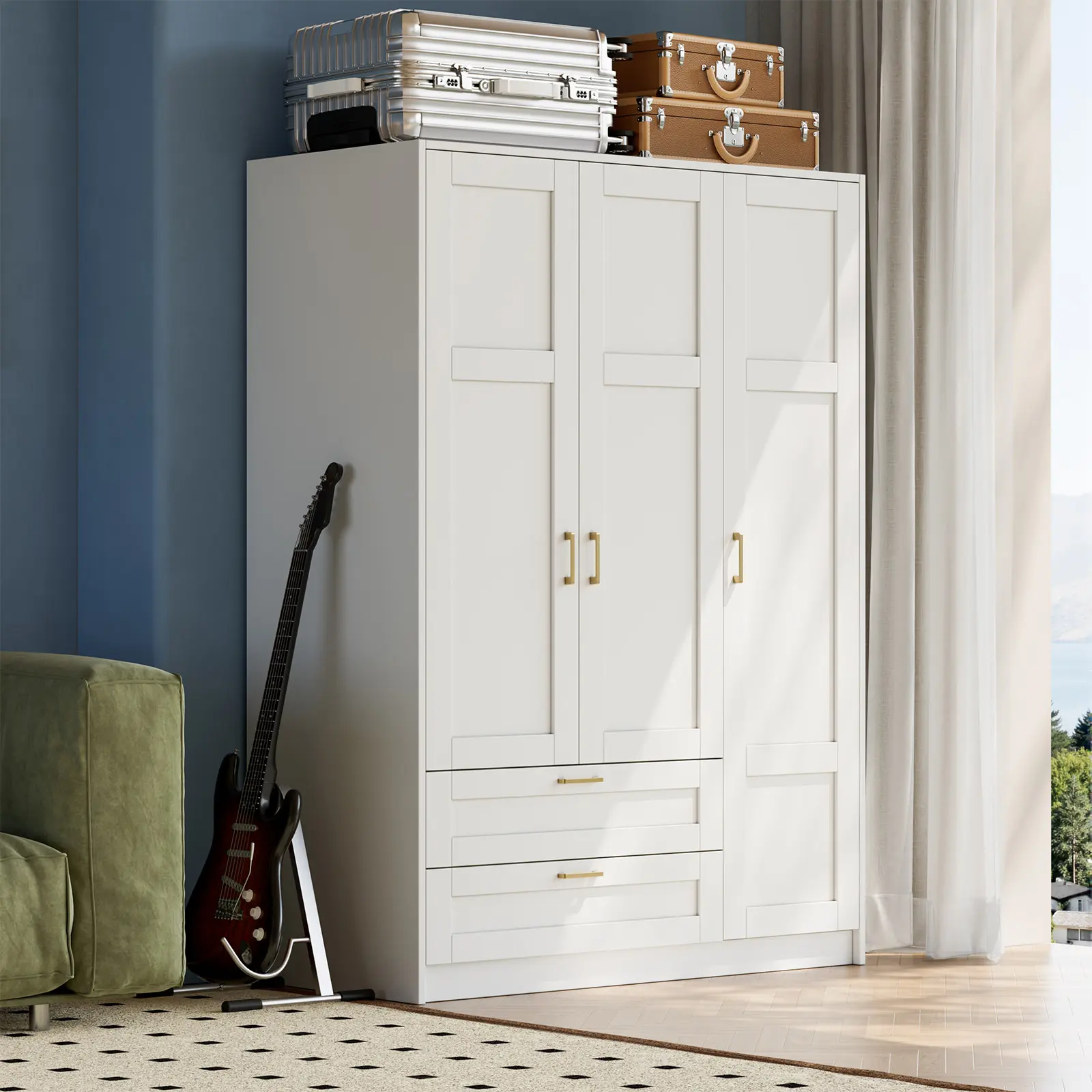 Wooden Armoire Wardrobe Closet, 66''H Clothing Storage Cabinet with Hanging Rod &2 Drawers, Freestanding Armoire for Bedroom, Laundry Room