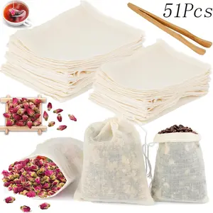 51 Pcs Reusable Tea Bags for Loose Tea,Spice Bags with Drawstring,include 1 Pcs clips,Tea Filter for Loose Tea,for Coffee Tea