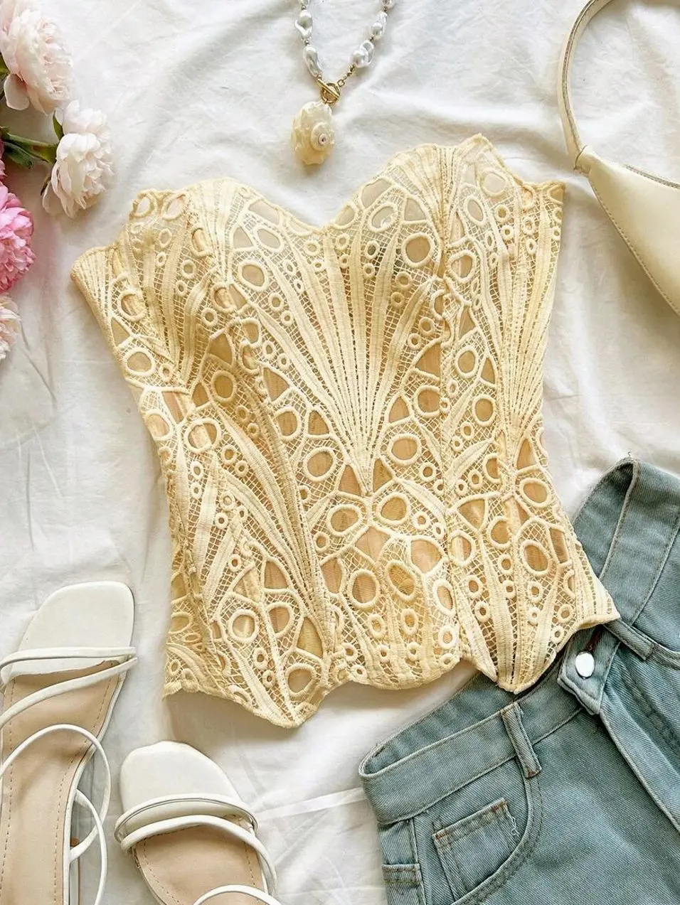European & American Style Sexy Avant-Garde Lace Double-Layer Corset Bustier, Fishbone Contoured, Hollow Embroidered Top