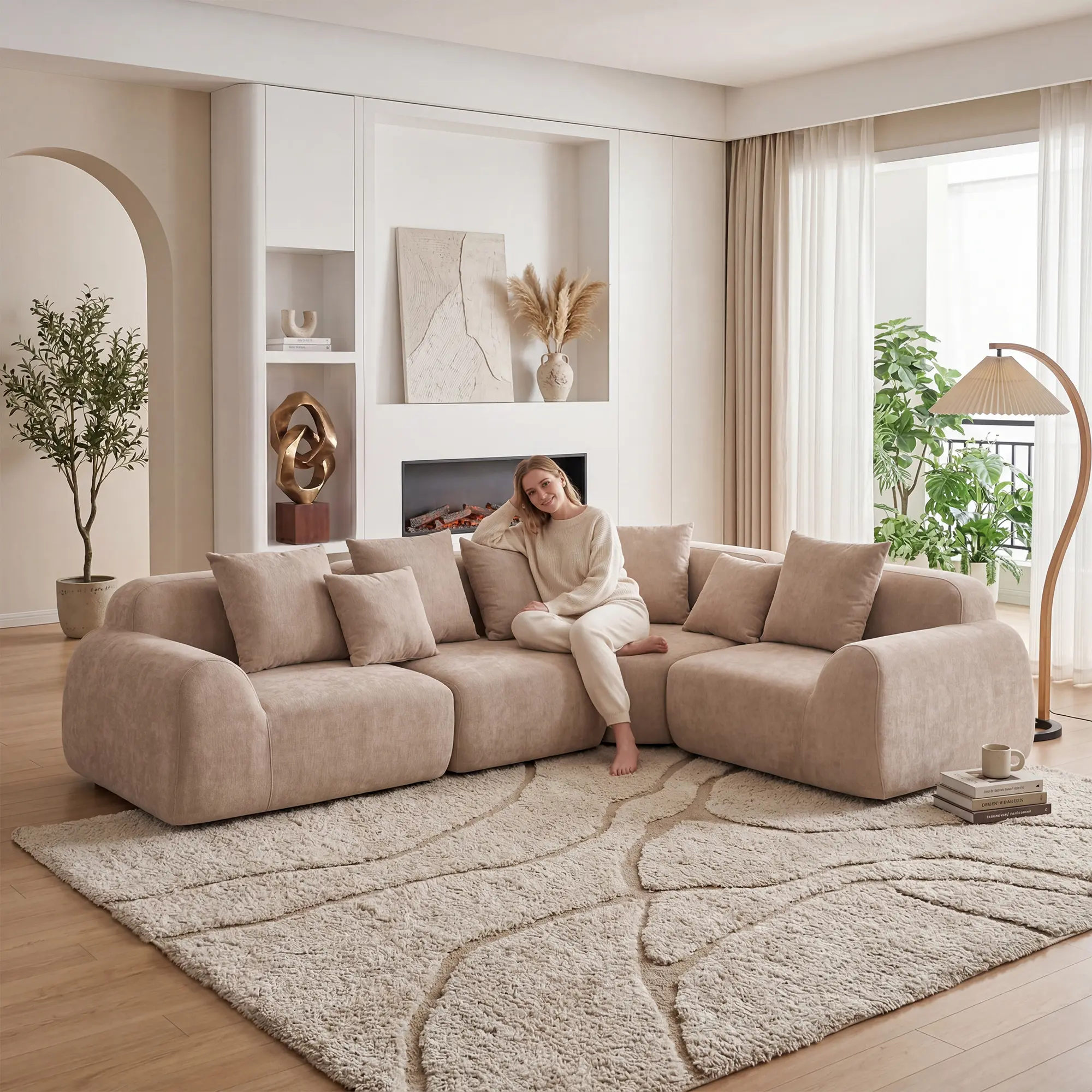 【Sub 2 packages】Niccae Oversized Cloud Velvet Curved Sectional Couch 118', Boneless Couch with L-Shape Chaise, Upholstered Compression Memory Foam Modular Sectional Sofa for Living Room, No Assembly Required