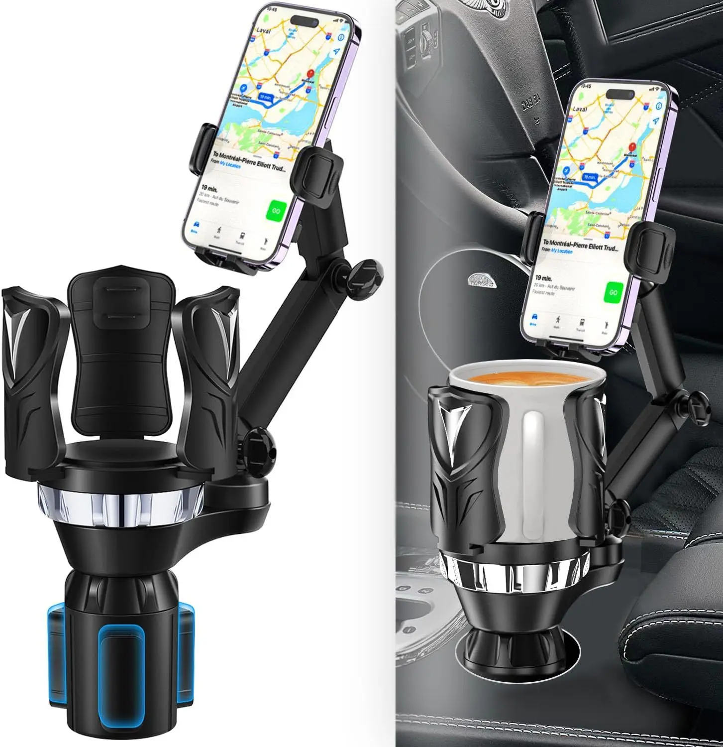 3-in-1 Cup Holder Phone Mount with Expander - Cars Accessories, Hands-Free Drive Cradle, Secure Hold, Adjustable Base, Long Arm, 360° Rotation, Fits Most Phones, Car Cup Holders, 4-7'' Devices & Up to 5.31'' Bottles