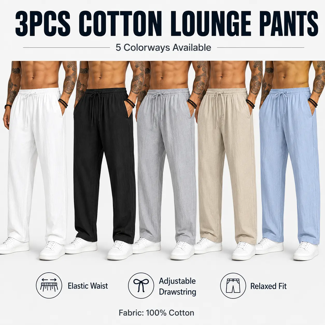 3-pack men’s casual pants, 100% cotton-linen comfortable, soft, breathable, lightweight drawstring pants with pockets, suitable for summer everyday wear, sports, leisure, and outdoor beach activities.