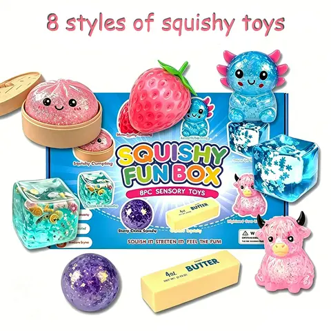 8-Piece Malt Sugar Soft Squishies Toys Pack - Fidget Stress Relief Squeeze Cubes, Quirky Unique Cool Gifts for Kids, Party Bag Supplies, Sensory Room Items (8 Different Styles)