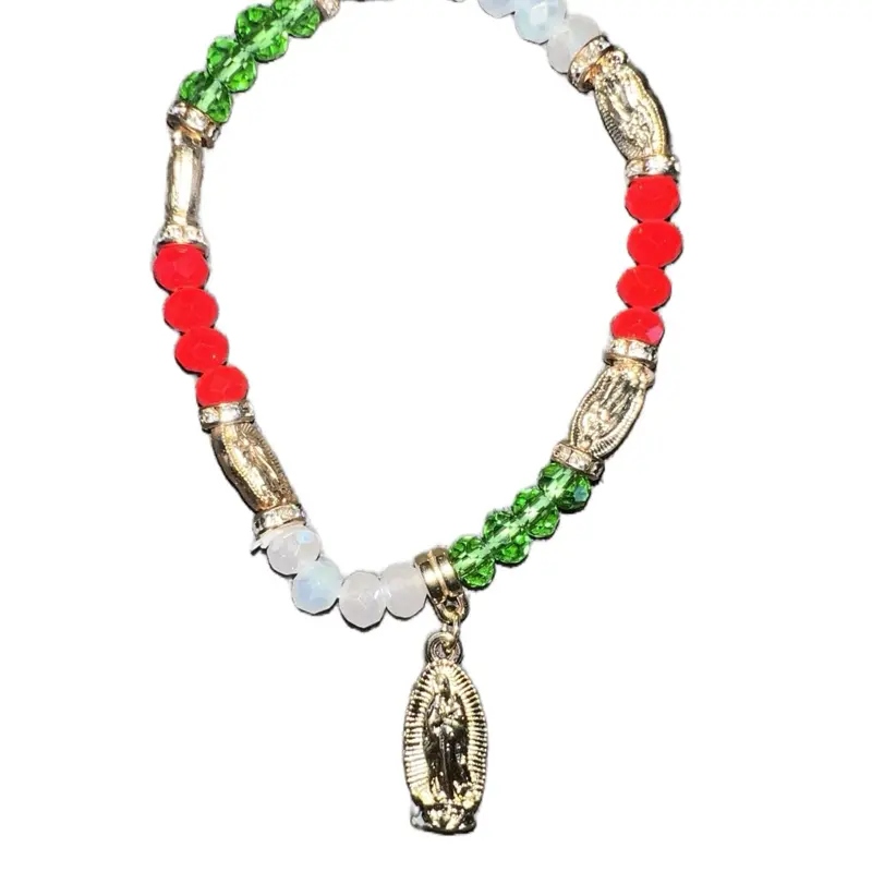 Fashion Mexican Series Cross Virgin Mary Bracelet with Red, White, Green Braided Design and Gold Pendant