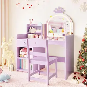 GAOMON Vanity with Lights, 2 in 1 Princess Makeup Vanity Desk Vanity Table & Chair Set with Open Bookshelf, Storage Cabinet & Shelves for Little Girls, Purple