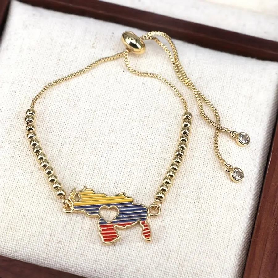 Venezuela Map Bracelet with Enamel Flag Charm, Gold Tone Beaded Stretch or Adjustable Box Chain, Everyday Jewelry Gift
