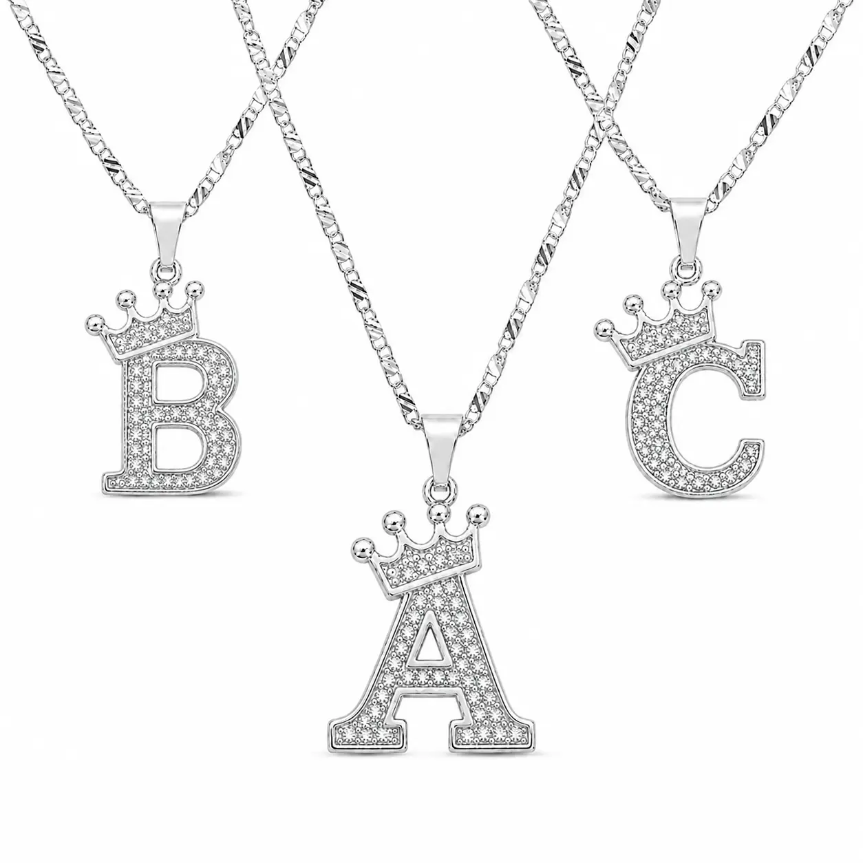 Unisex Letter Crown Initial Necklace, Sterling Silver with Zirconia Pendant, 18" Diamond-Cut Bar Link Chain for Casual Daily Wear