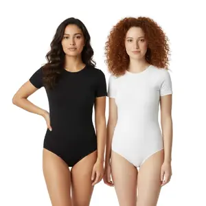 XFit Women's Round Neck Short Sleeve Thong Bodysuit T Shirts Basic Slim Fitted Crew Neck Body Suit Tops Cotton Stretchy