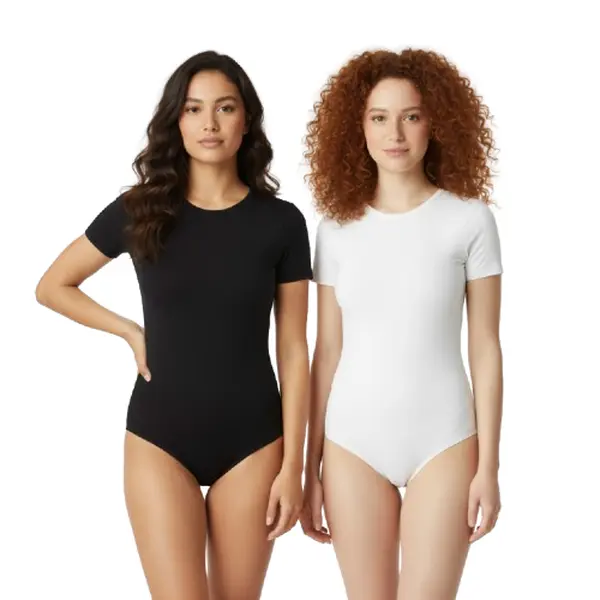 XFit Women's Round Neck Short Sleeve Thong Bodysuit T Shirts Basic Slim Fitted Crew Neck Body Suit Tops Cotton Stretchy