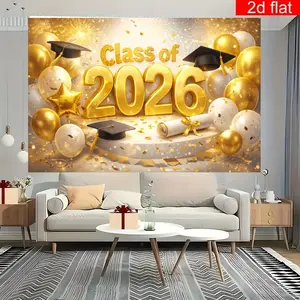 2D Flat 1PC Polyester Class of 2026 Graduation Backdrop Banner, Black Gold Grad Cap Balloon Diploma Confetti Photography Background, Ideal for 2026 Graduation Ceremony, Senior Grad Party, Graduation Dinner Banquet, Dessert Table Decor, Group Photoshoot,