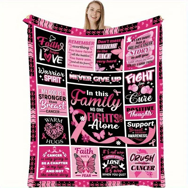 Breast Cancer Awareness Velvet Blanket - Velvet Fabric, Pink Black Classic Geometric Custom-Patterned Polyester, Breathable, Wrinkle Resistant, Machine Washable, All Seasons, for Survivors, Home & Travel Bedding Throw for Beds & Sofas Inspirational Gift,