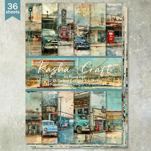 36 Sheets A5 (Vintage Car Gas Station Background) Cut Thin Paper Sheets, Suitable for Bullet Diaries, Junk Magazines, Greeting Cards, Background Photo Albums and Handicrafts