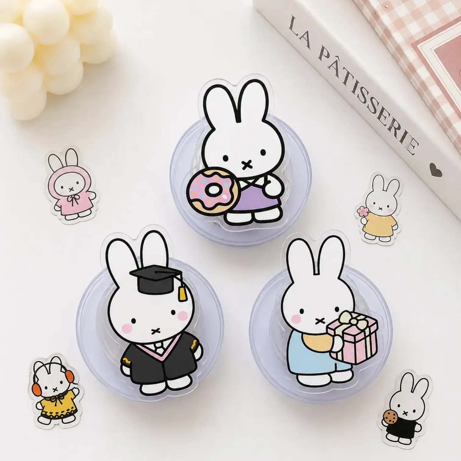 Cute Miffy Bunny MagSafe Phone Grip Set, Magnetic Pop Socket Kickstand, Kawaii Gift For Her Stand, Pastel Pink Ribbon Bow Case Holder Accessory