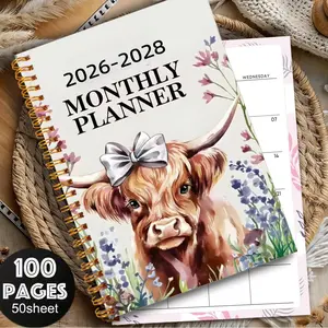 1 Book 2026-2028 Floral Highland Cow Design | Weekly and Monthly Layout, Spiral-Bound Calendar Planner Notebook for Office, School, Home, Gift - Durable Paper Organizer, School Supplies, Office Stationery Supplies, Sturdy Binding, Functional Diary
