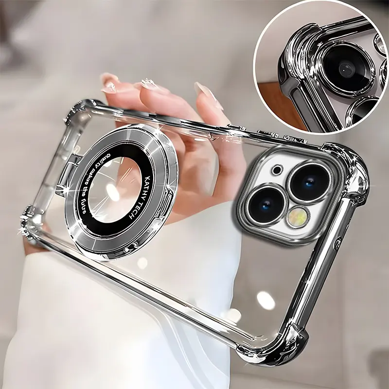 Suitable for [iPhone 14] high-end phone case, Electroplated Luxury Clear Phone Case with Ring Stand Holder 4-Corner Shockproof Camera Protective Cover 952