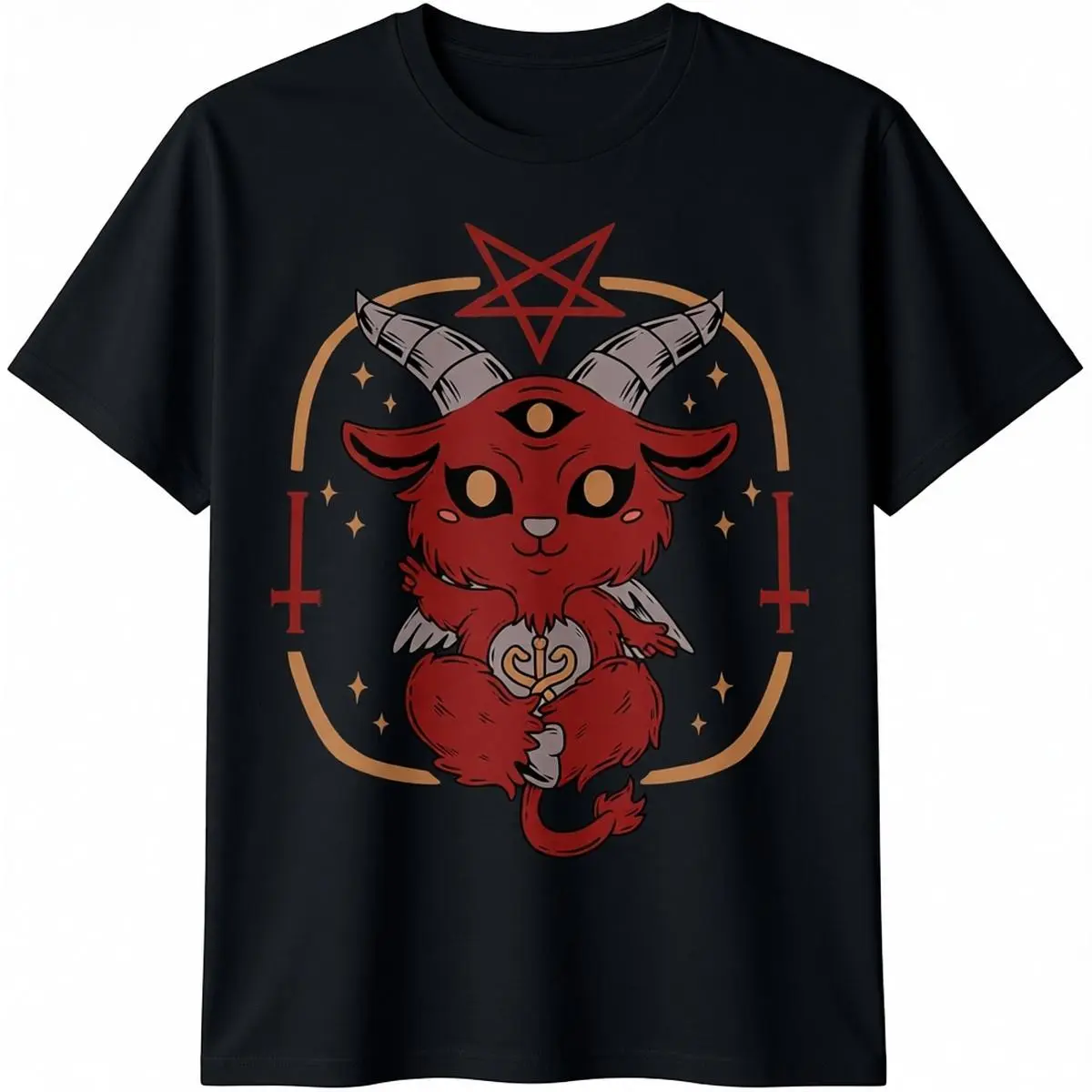 Men's & Women's Round Neck Casual Short-Sleeve Sports Top - Lucifer Sigil Satanic Goat Baphomet Goth Design, S-5XL, Tops, Sporty Chic