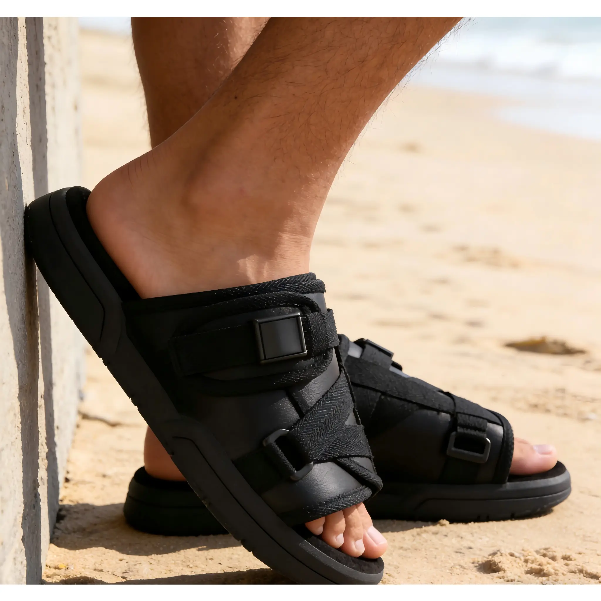 Men's Black Rubber Adjustable Sports Slides - Arch Support, Shock Absorption, Plain Design, Summer 2026 Must-Have, Comfortable Everyday Wear Slippers, Arch Support Men's Sports Slide, Plain Men's Sports Slide, Shock Absorption Men's Sports Slide