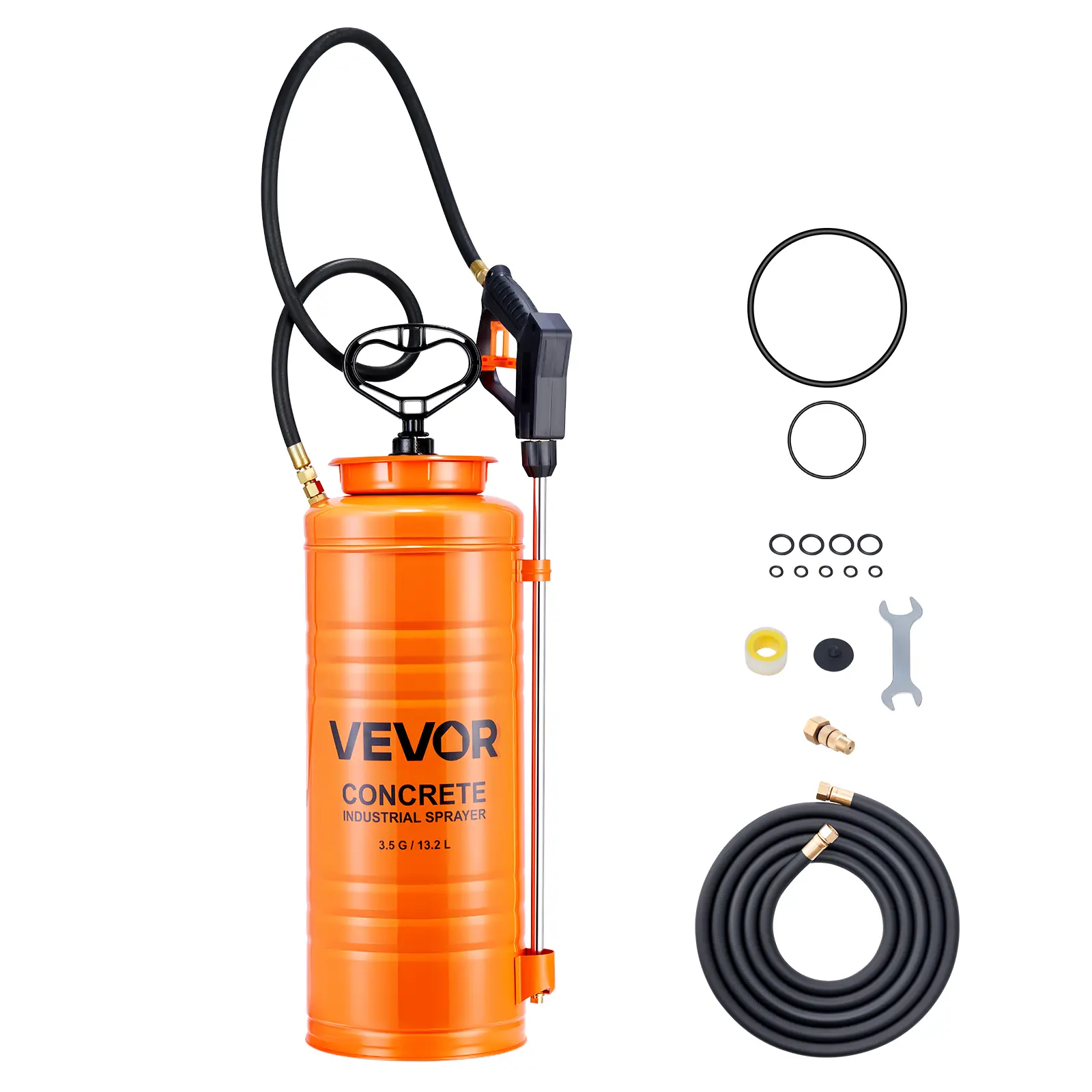 【SummerFinds】VEVOR Industrial Concrete Sprayer, 3.5 Gallon Stainless Steel Sprayer, Heavy Duty Tri-Poxy Pump Sprayers, 20.5"Wand with Ergonomic Gun Handle, 48"& 120"Hose, 2 Brass Nozzles for Construction, Garden