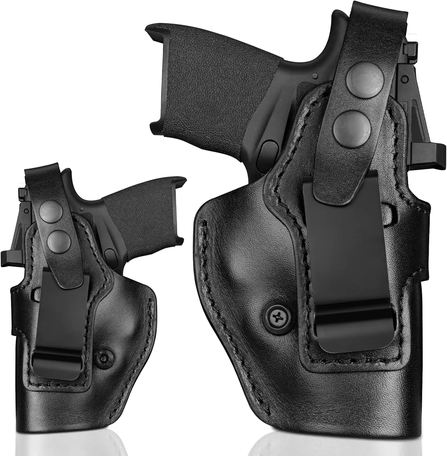 Universal Leather Holster for Hellcat, Hellcat Pro, G43, G43X MOS, P365XL, P365 X-Macro, Max-9, CPX-1 and Similar Size Subcompact Pistols – IWB and OWB Convertible, Optic Ready, Ambidextrous, Black gun