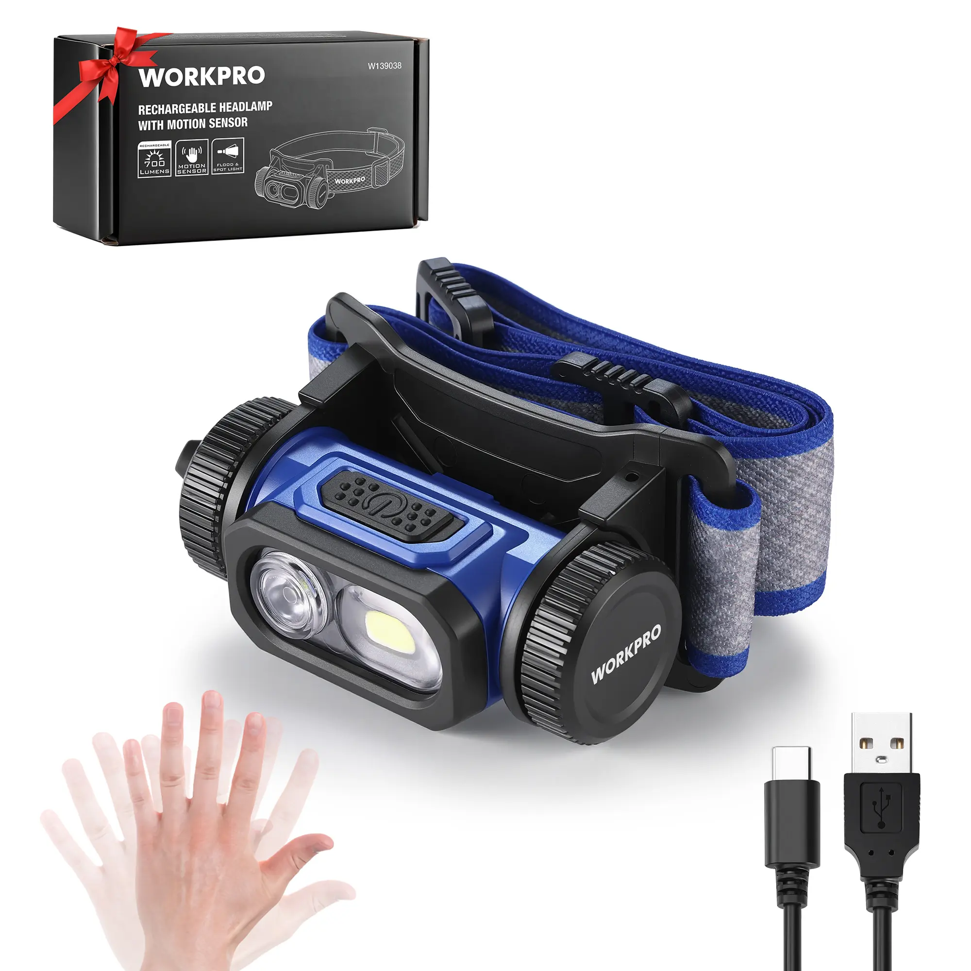 #summersale WORKPRO Rechargeable Work Headlamp, 700LM LED Head Lamp with Motion Sensor, 180° Adjustable Angle & Long Runtime, Memory Function for Mechanic, Repair, Construction and Jobsite