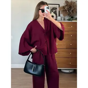 Women's Dark Brown Cotton Linen Pant Suit Casual Loose Lace-up Long Sleeve V-neck Shirt Set Summer New Vocation Streetwear