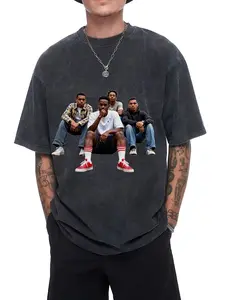 Men's Vintage Washed Hip-Hop Four-Group Print Loose T-Shirt, Street Style Rap Culture Casual Short Sleeve, Retro Loose-Fit Top