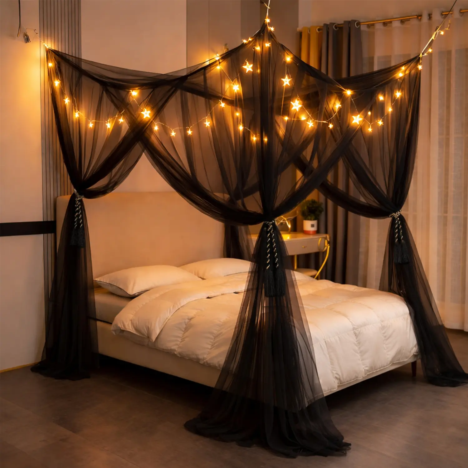 Canopy Bed Mosquito Net, Rectangle 4-Door Design with LED Star Lights, Double-Layer Curtains, Magnetic Close, Mesh Netting Sides, Full Protection for Queen & King Beds, Curtains for Bedroom, Girl Room Accessories